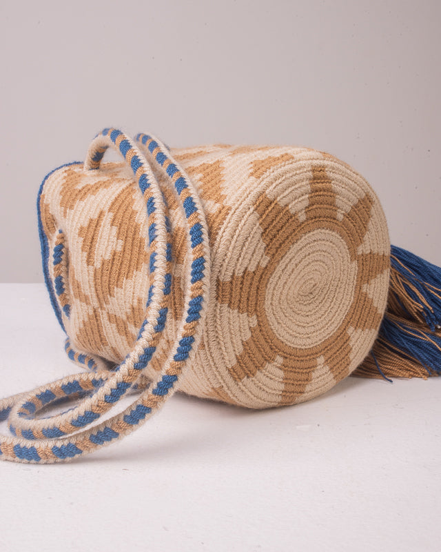 CHILA BAGS Elif handwoven summer bucket bag, sun design on rear