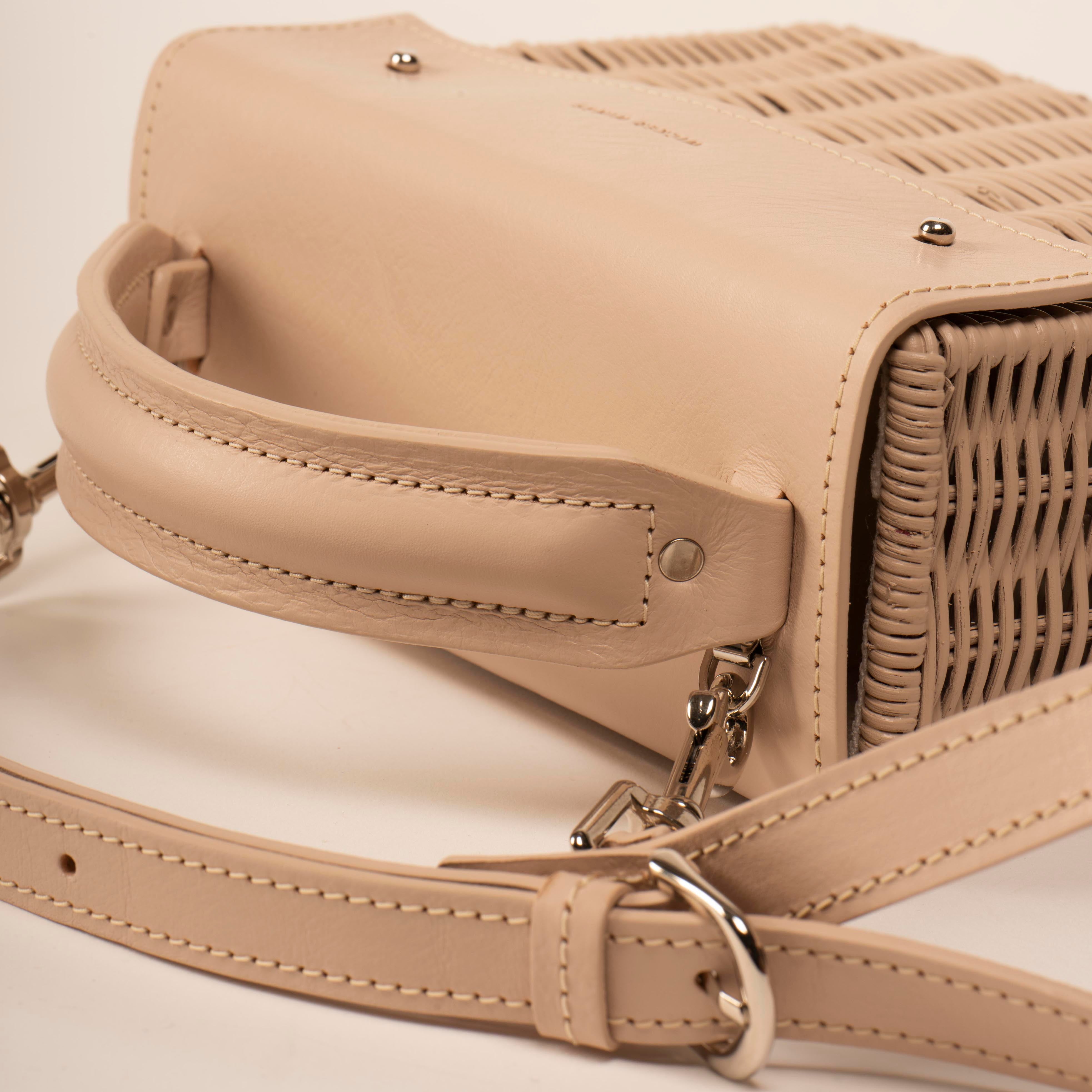 Wicker Wings Kuai handwoven wicker bag in cream, strap and handle close up