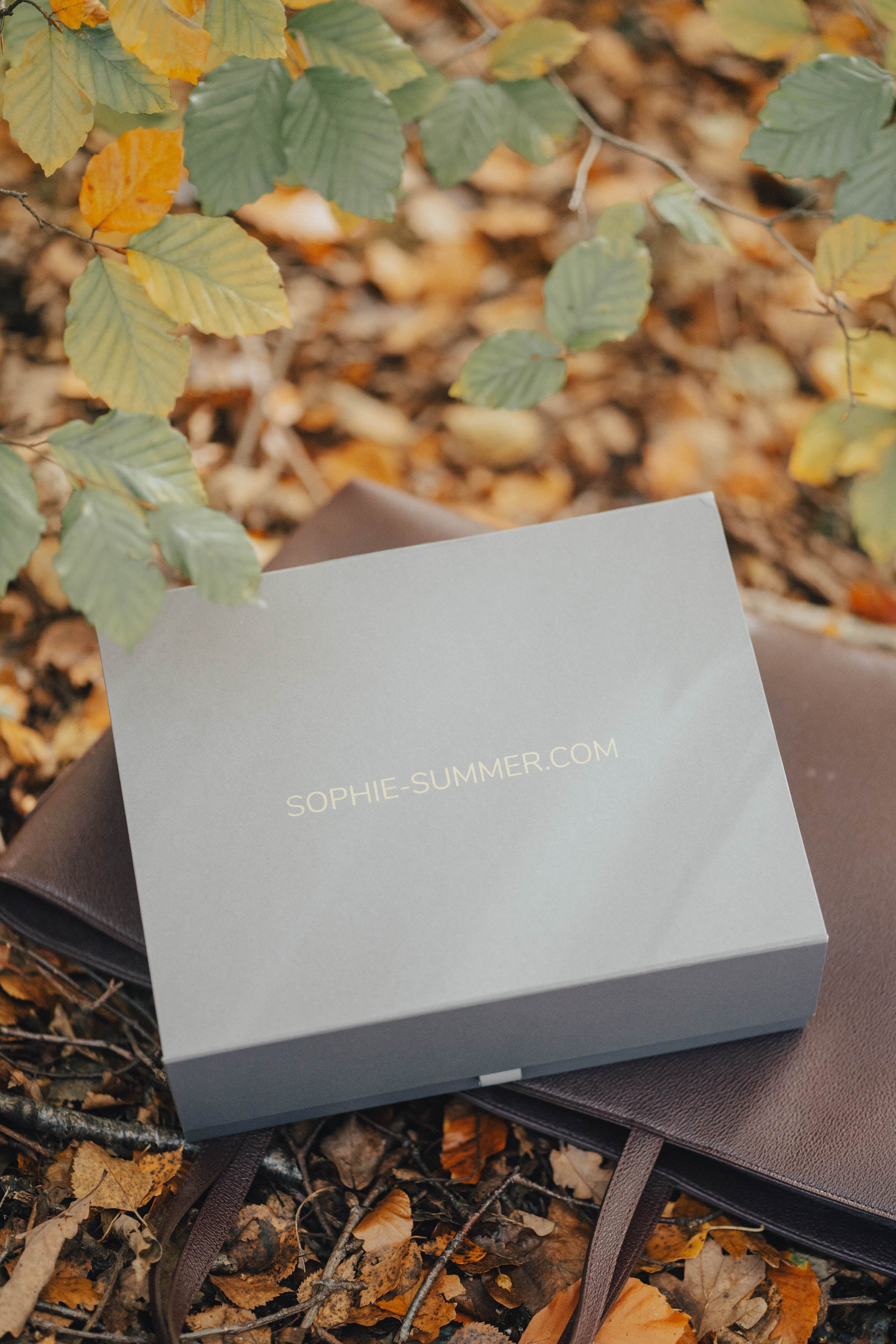 Sophie Summer box on open tote and leaves backdrop