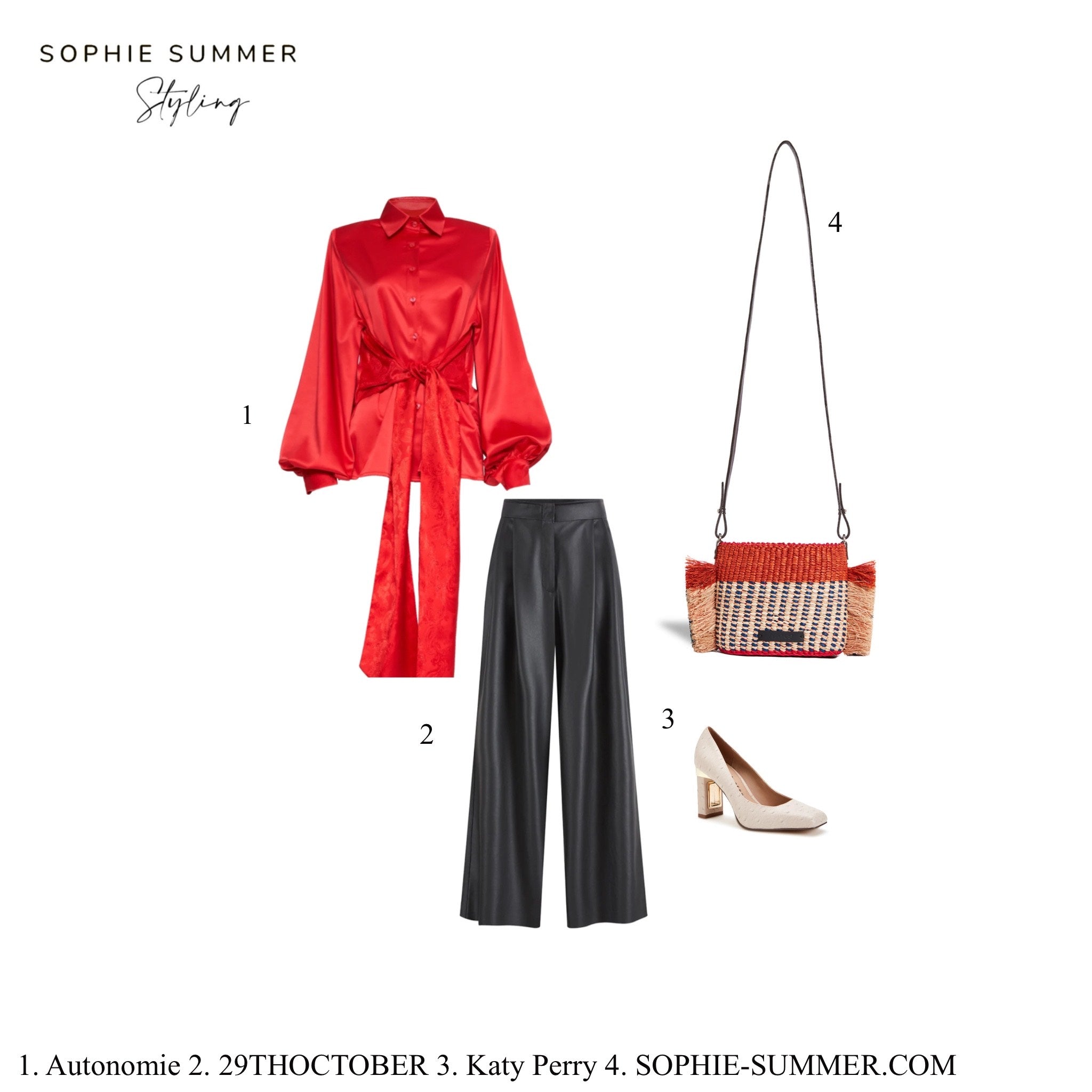 Cherry red festive party styling board feat A A K S Hana mini tan crossbody bag.