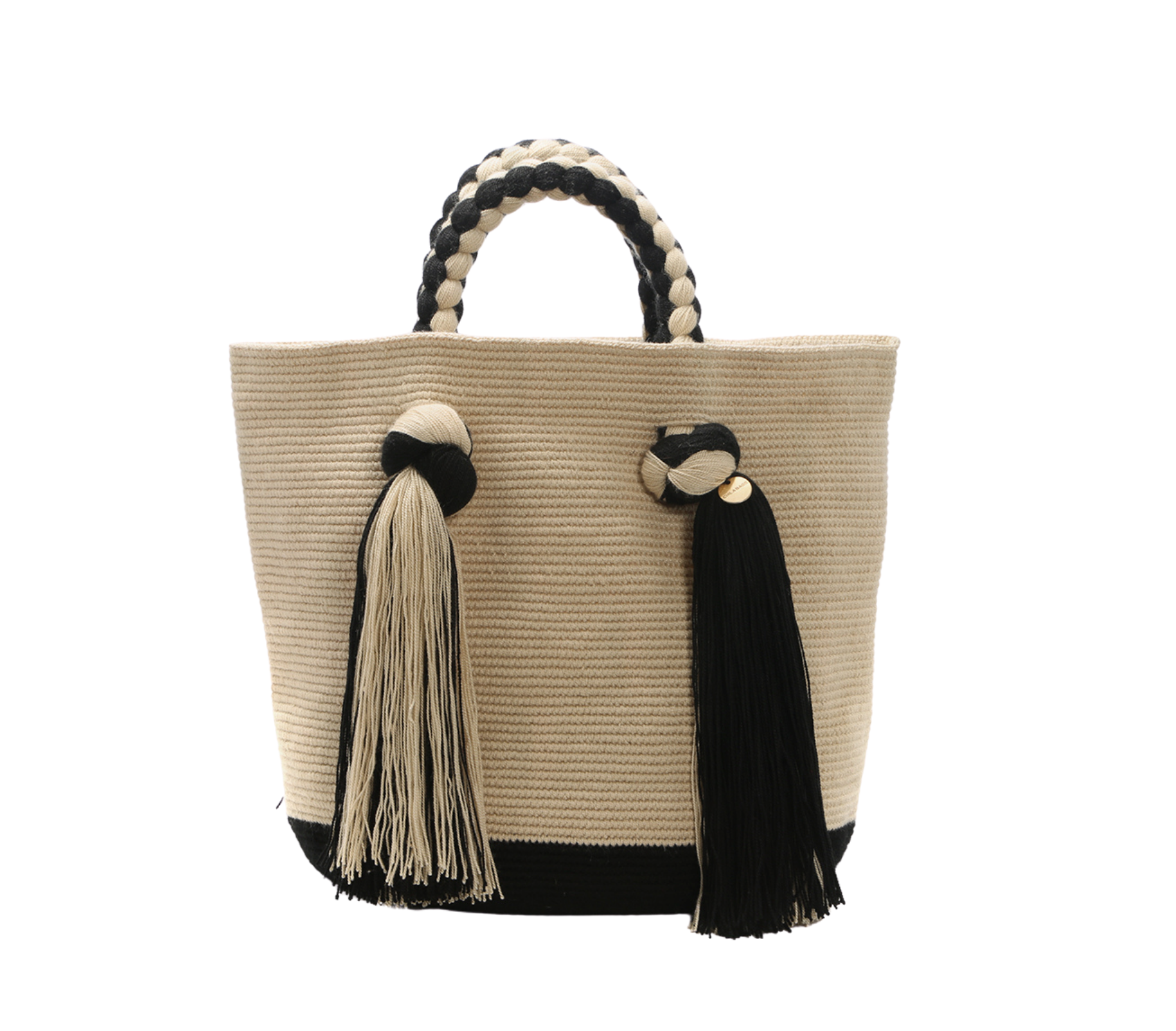 Chila Juanma natural fibres tassel tote bag stone/black