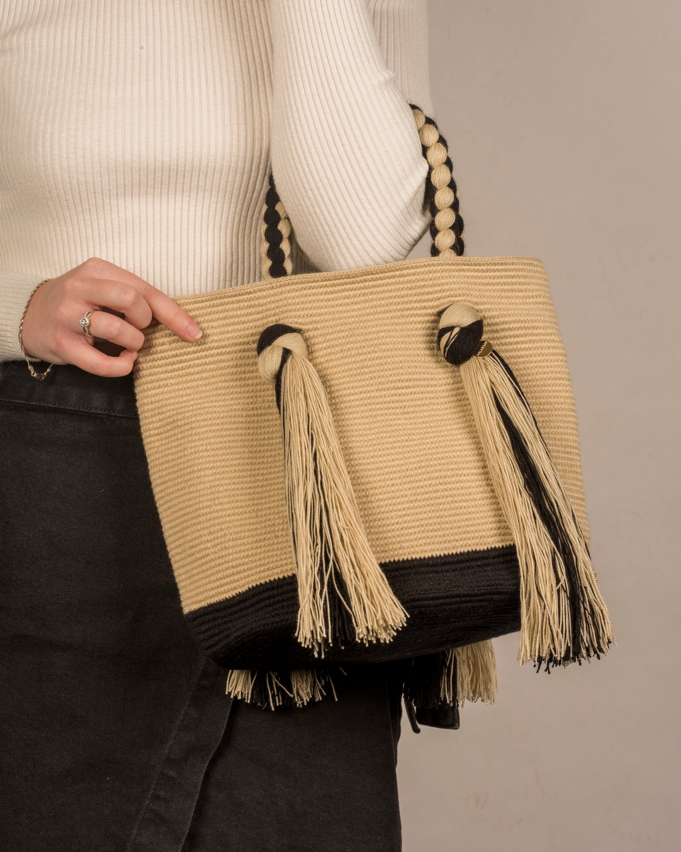 CHILA BAGS Juanma Tassel Tote Bag, on model's arm