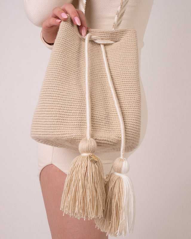 CHILA BAGS Nina Bag, Handwoven Vegan Bucket Bag, held by model