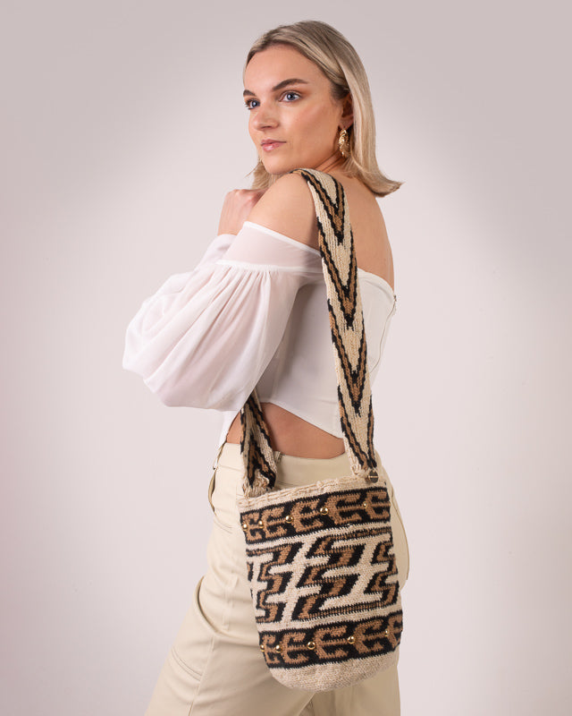CHILA BAGS Sierra Bag, Handwoven Beige Bag, worn by model