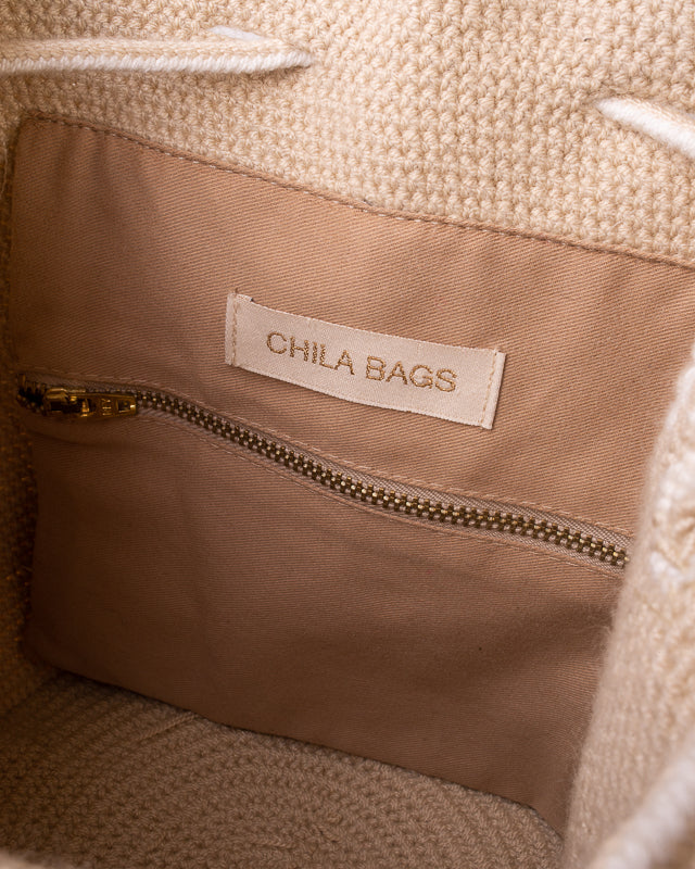 CHILA BAGS Nina Bag, Handwoven beige crossbody bag, interior close up