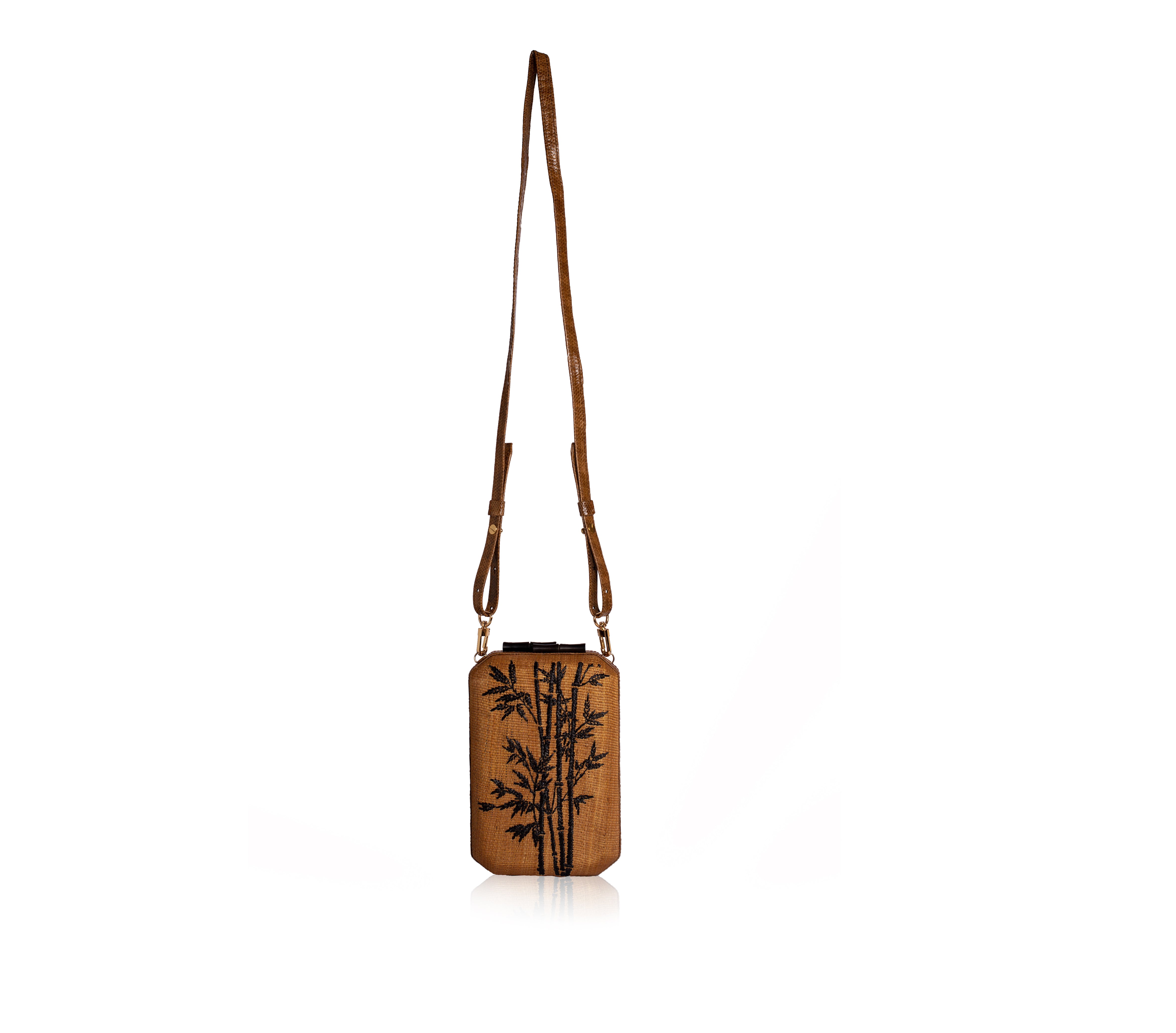 GUSTOKO Kaya Clutch bag, handwoven with leaf embroidery, long strap